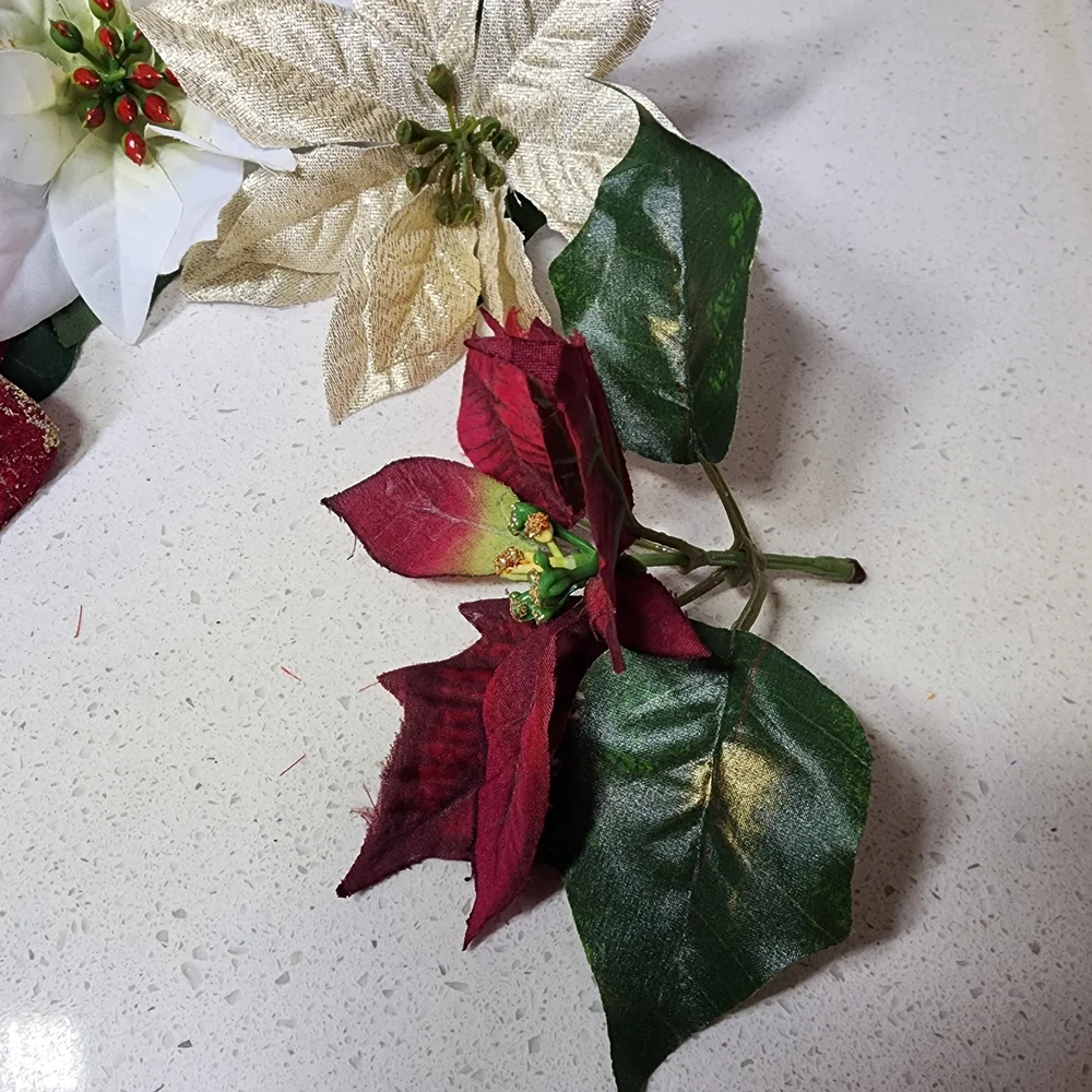 Vintage Lot Of 5 Red, White, and Gold Poinsettia Arrangement With Stems